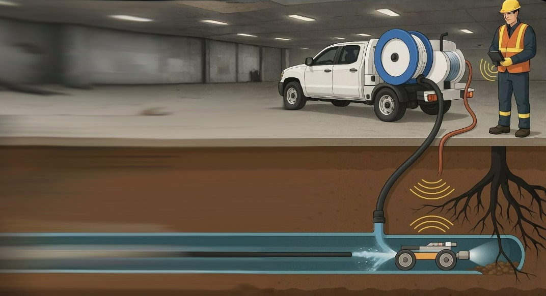 Illustration de camion dans une cave, un tuyau en sort, plonge dans une canalisation sous-terraine et projette de l'eau