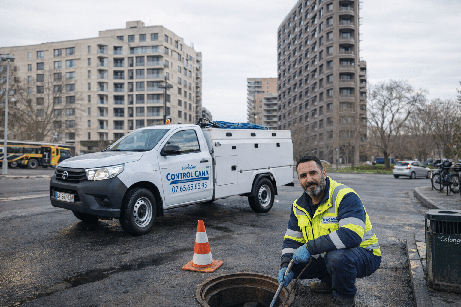 Technicien Control Cana en intervention de débouchage à Bobigny devant des immeubles résidentiels, avec camion utilitaire stationné et bouche d’égout ouverte sécurisée par un cône