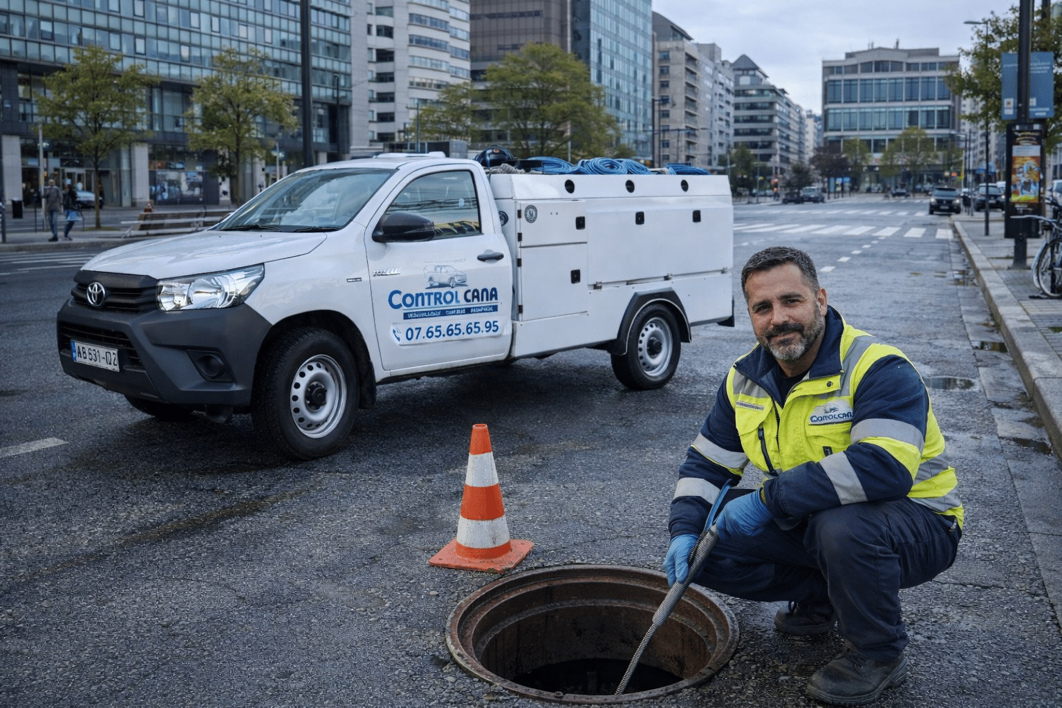 Technicien Control Cana intervenant sur un regard d’égout ouvert, avec camion utilitaire de l’entreprise stationné en arrière-plan Pontoise
