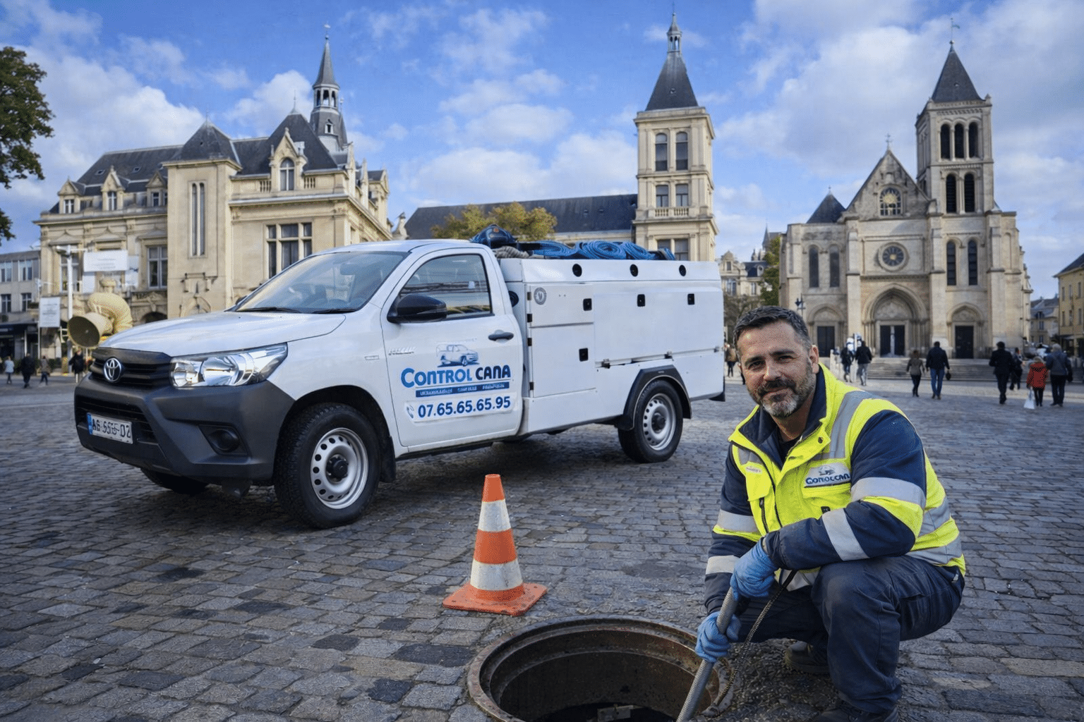 Technicien Control Cana intervenant sur une bouche d’égout en plein centre ville de Saint Denis avec camion hydrocureur stationné à proximité